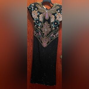 Vintage Black Beaded Floral Sequined Gown